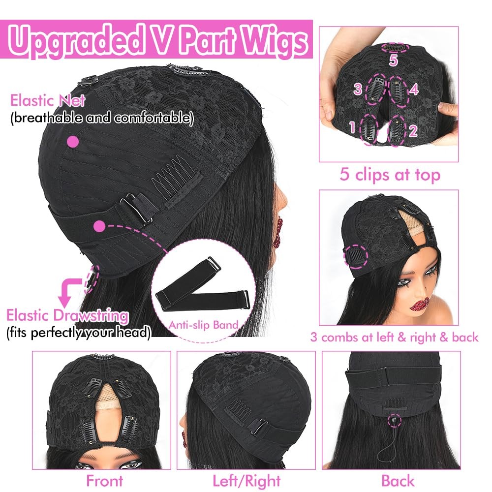 V Part Wigs Human Hair Straight V Shape Wigs for Black Upgrade U Part Wigs No…