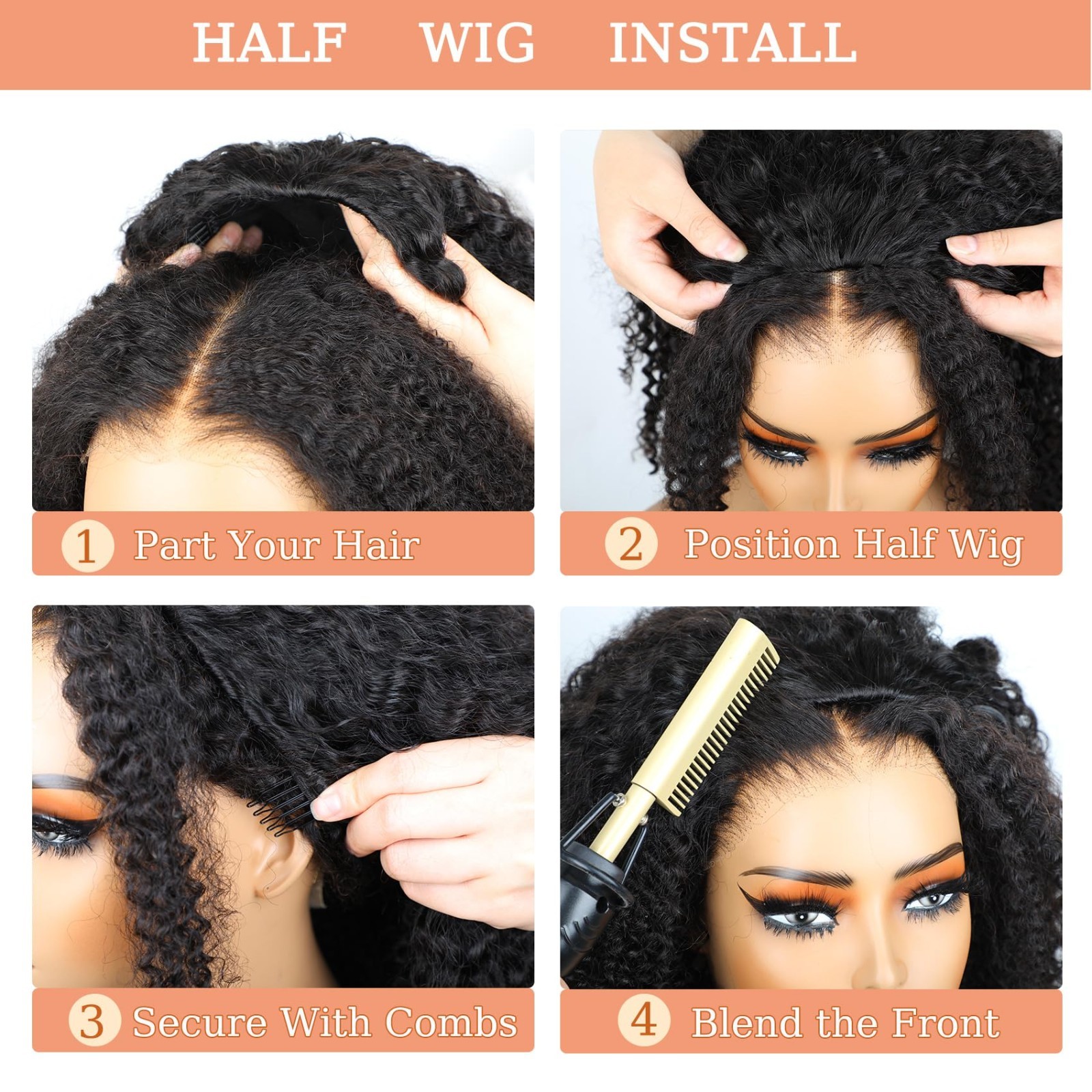 Kinky Curly Half Wig 20″ Human Hair, Seamless Flip Over, Glueless, Beginner Frie