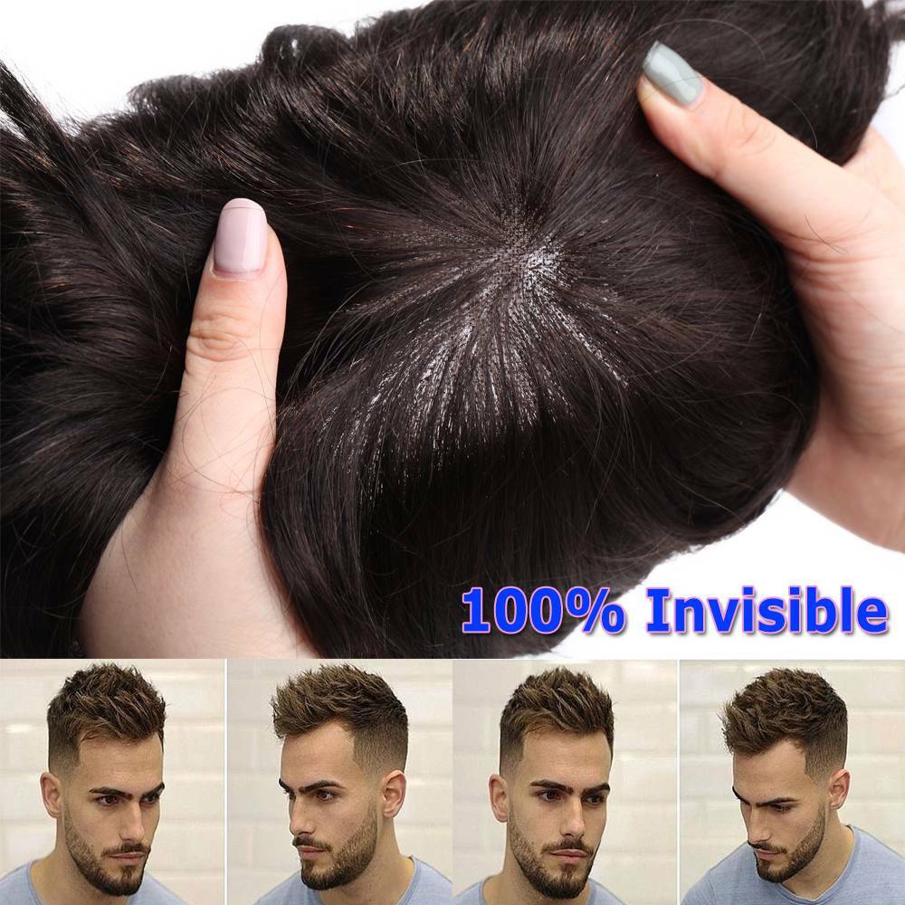 Invisible Skin Mens Hair Replacement System Men Toupee Hairpieces Human Hair Wig