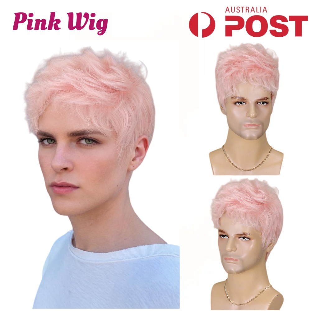 Men Pink Wig Layered Short Beanie Hairpiece Male Full Hair Universal Cosplay Wig