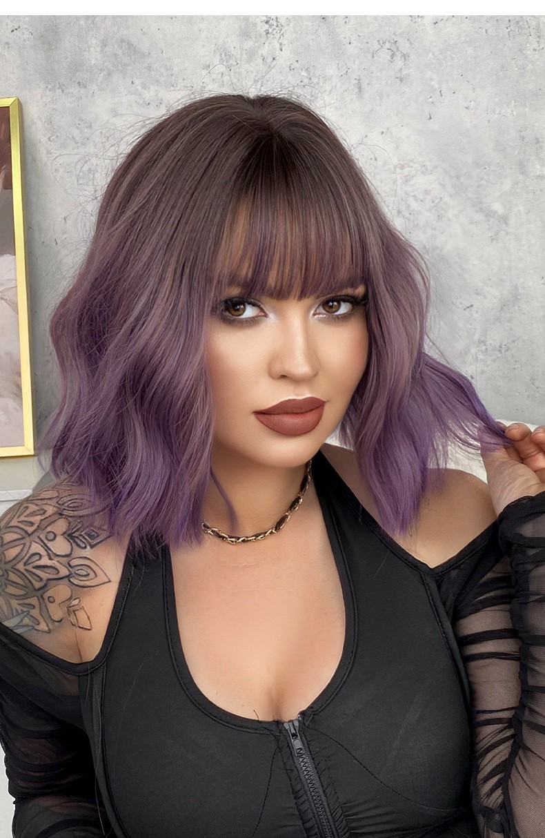 10-inch purple Bob short wavy curly wig with wave patterns