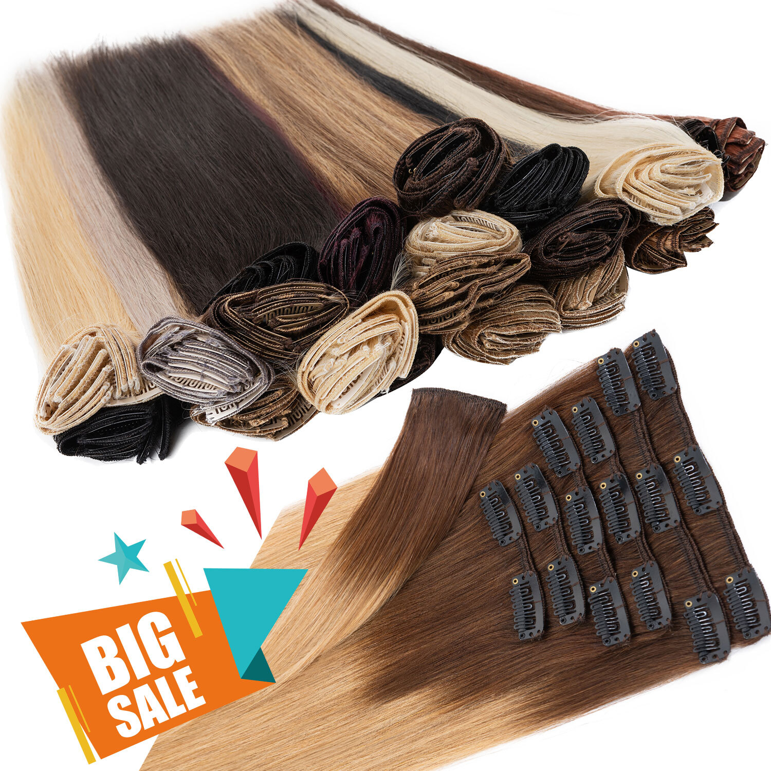 CLEARANCE 100% Remy Human Hair Clip in Hair Extensions 8PCS Full Head Highlight#