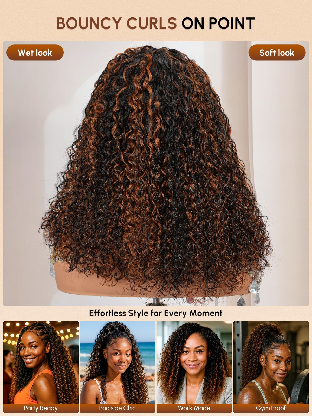 Shangyinfa 1B/30 Highlight Half Wig Human Hair Water Wave 24 Inch 4C Edge