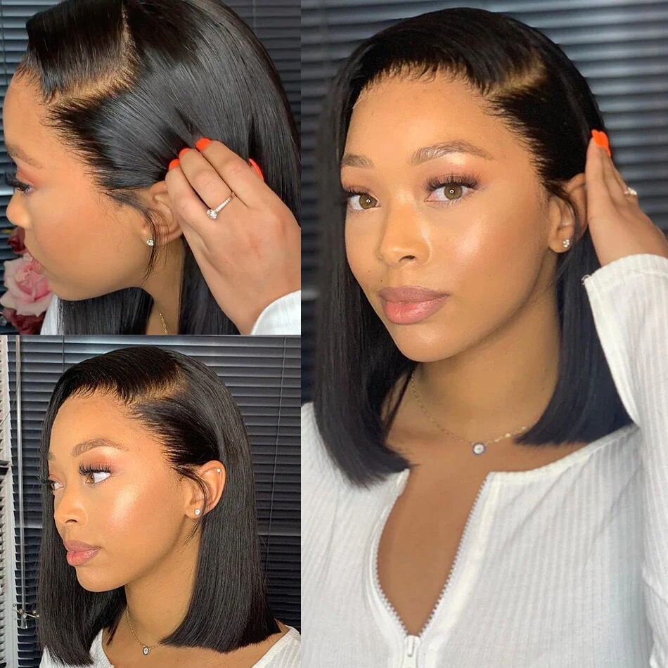 Black Full Head Cover Wig Short Bob Synthetic Lace Front Wigs Daily Use Natural