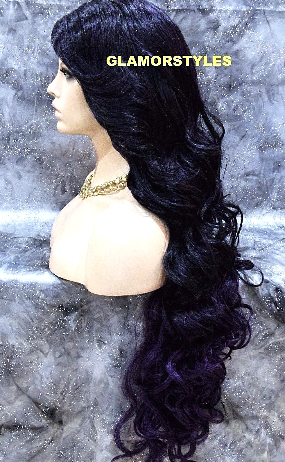 LACE FRONT FULL WIG EXTRA LONG LAYERED WAVY BLACK PURPLE MIX HEAT OK NWT