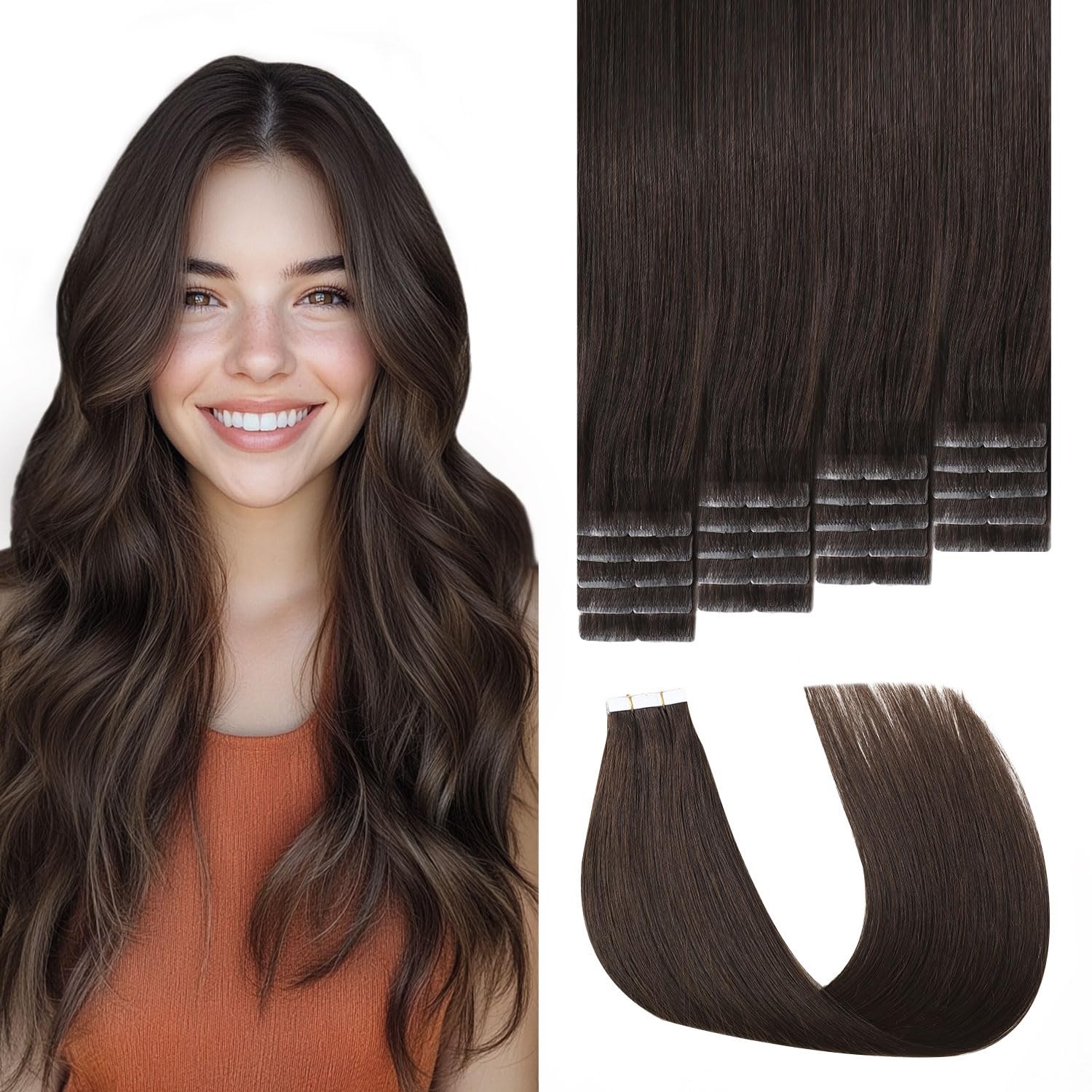 Sweetmet Invisible Tape in Hair Extensions Real Human Hair Pro3.0#2 Dark Brown 2