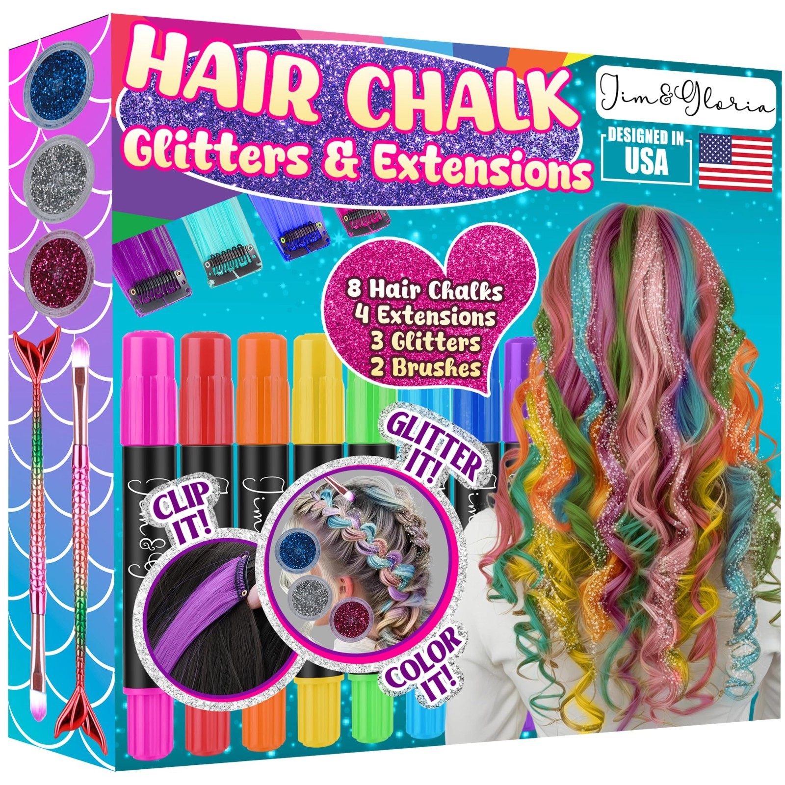 Washable Dustless Hair Chalk Set with Clip-in Extensions, Brushes & Glitter – Te