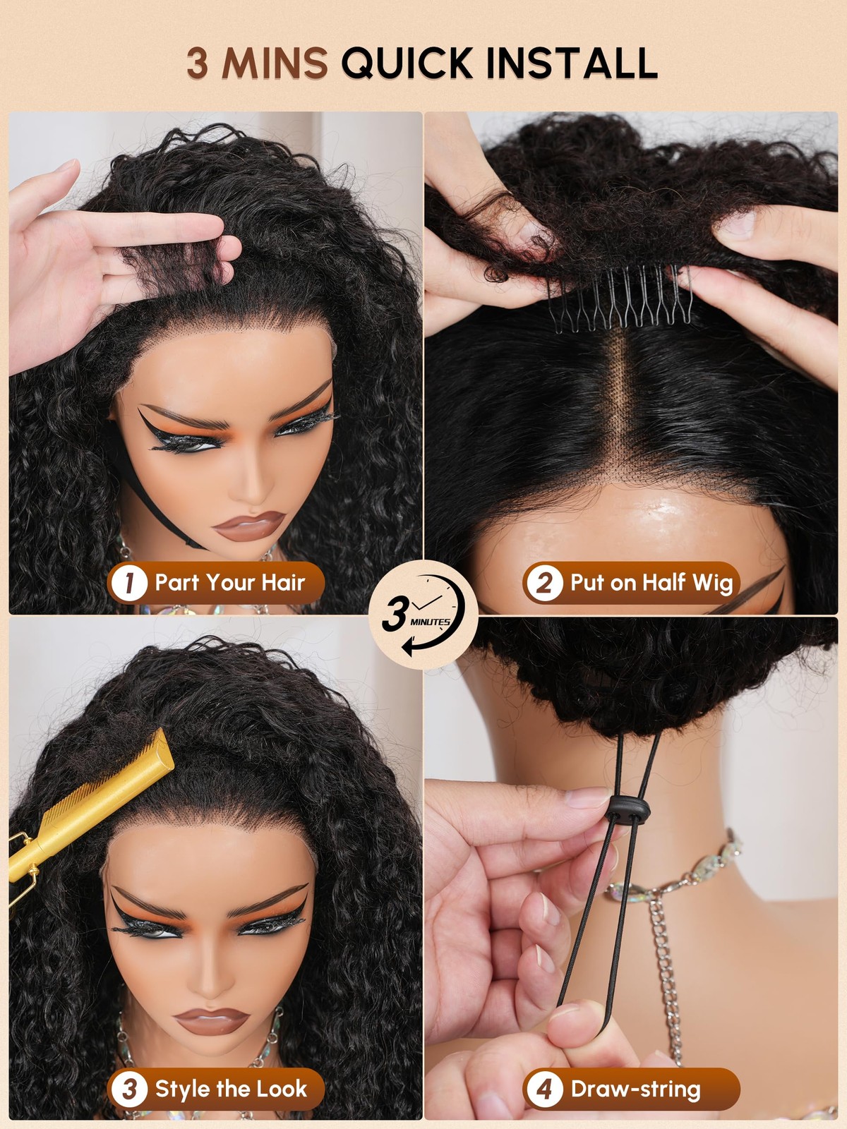 Shangyinfa 1B/30 Highlight Half Wig Human Hair Water Wave 24 Inch 4C Edge