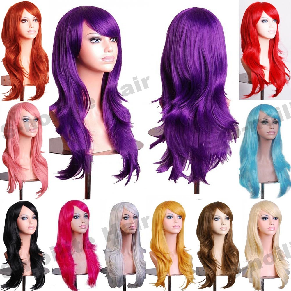 Rainbow Ombre Hair Wig Long Curly Wavy Women Lady Pastel Cosplay Dress Full Wigs