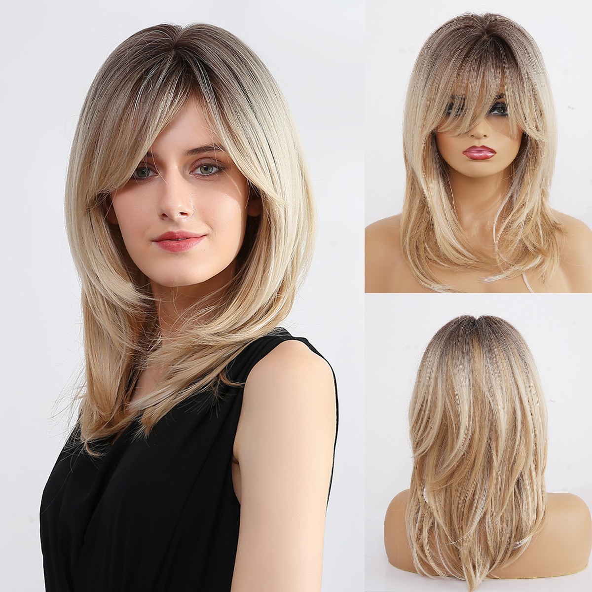 Ombre Golden Long Wavy Wig with Curtain Bangs Heat Resistant Rose Net Full Head