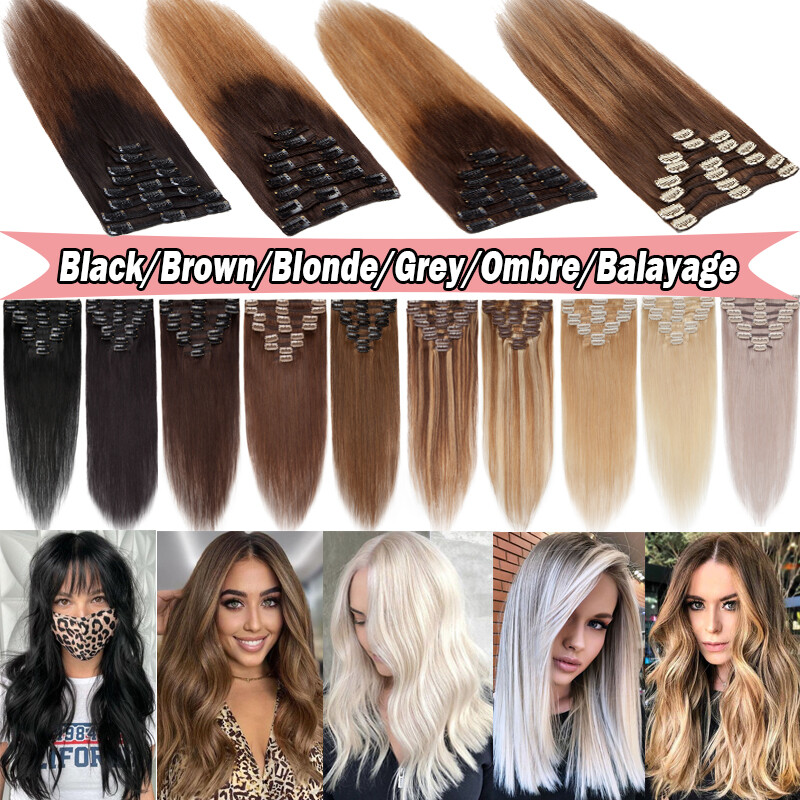 Multi/Color 100% Real Human Hair Clip In Remy Hair Extensions Full Head 8 Pieces