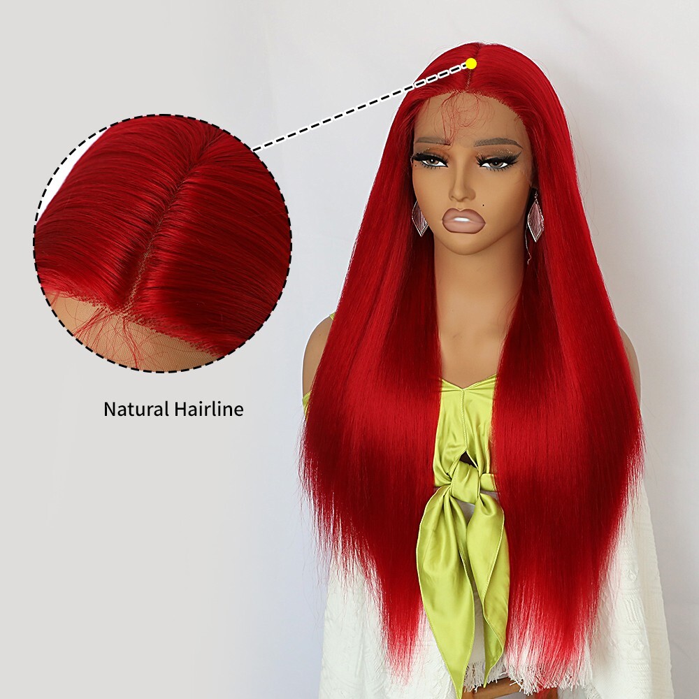 Red Synthetic Hair Lace Front Wigs Long Straight Fashion Women Heat Resistant