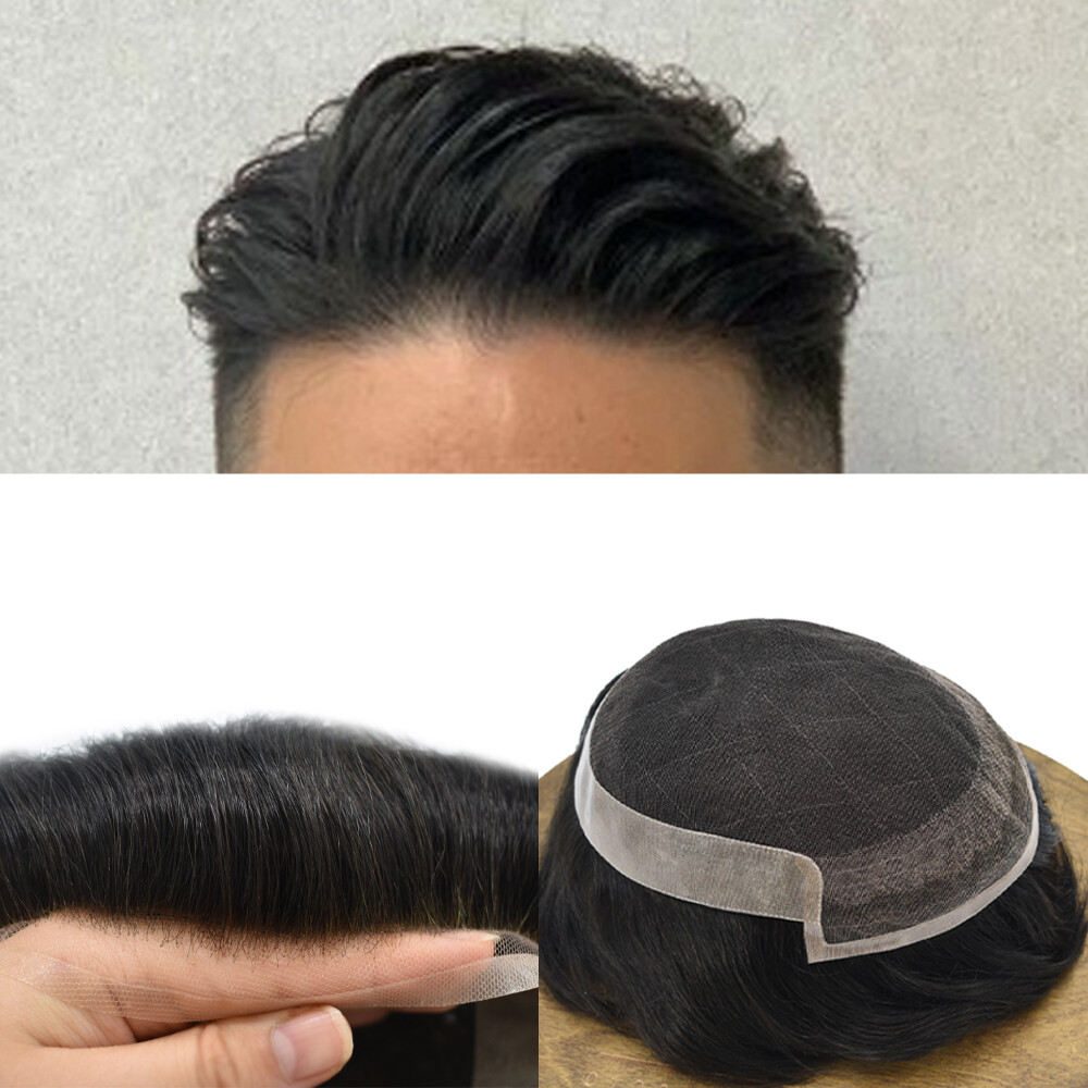 French Lace Front Hairpiece Mens Toupee Poly Skin PU Hair System Replacement Wig