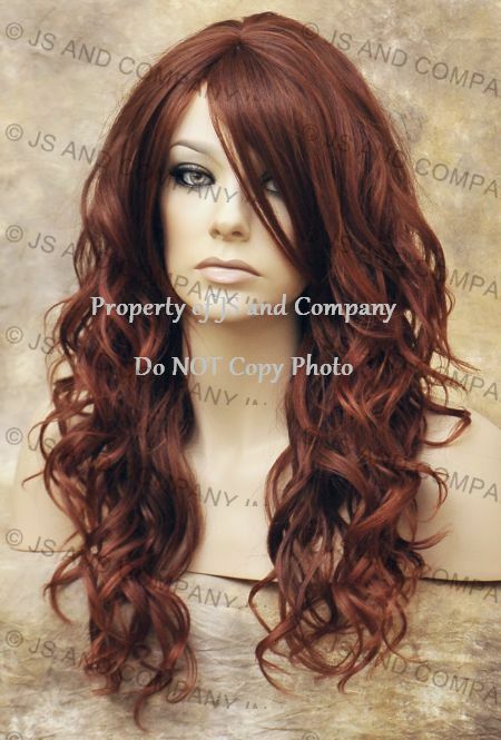 Heat OK Human Hair Blend Wig Curly Long Wavy Auburn Red Mix wd 33-130