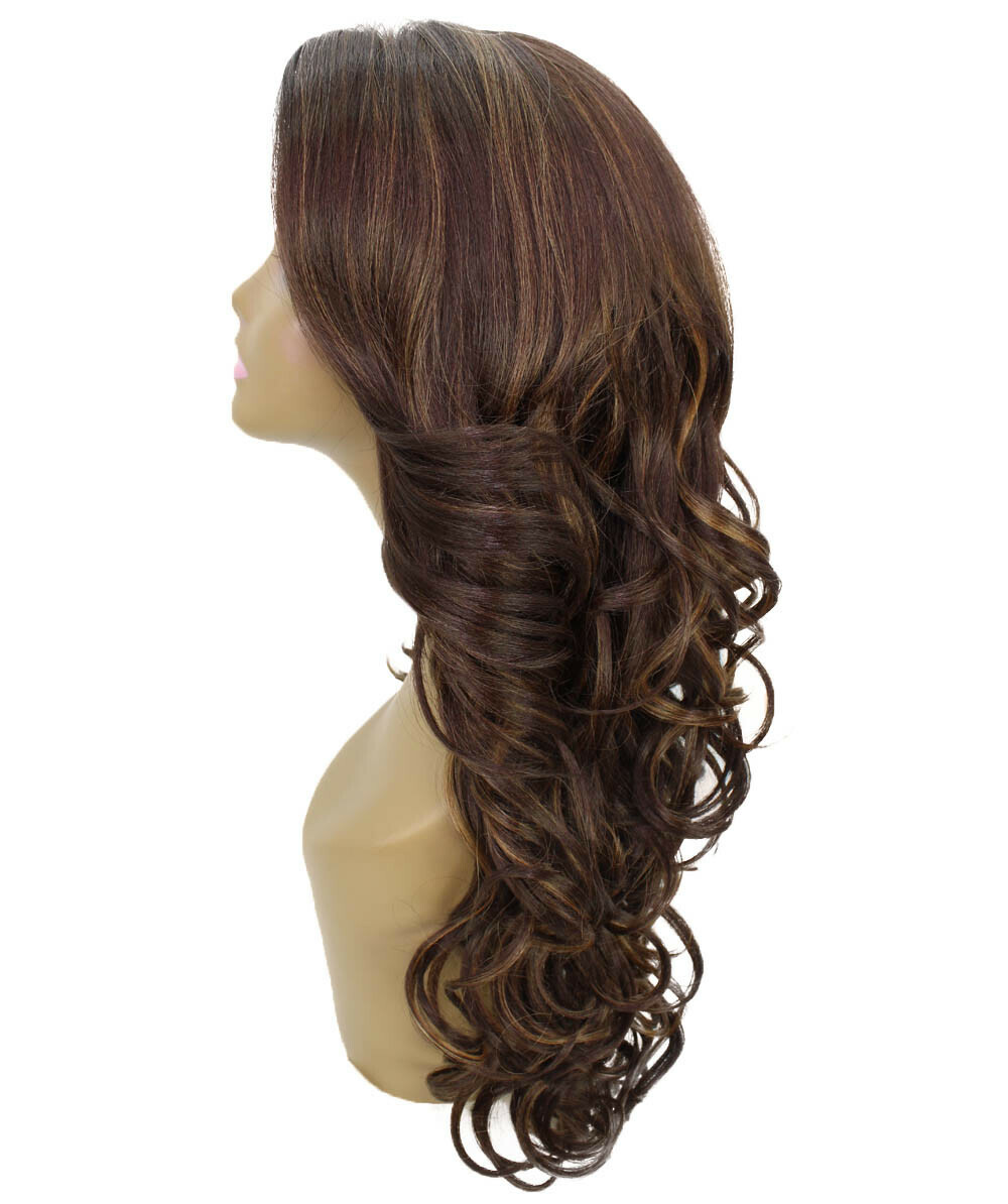 Wavy 24.5 in 13×2.5 Hand Tied Lace Front Wig, Brown with Golden Highlights