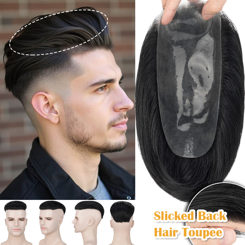 Mens Toupee Thin Skin PU/MONO Real Remy Human Hair Piece Toupee Replacement Wig