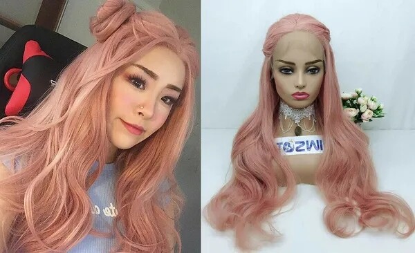 Pink Rose Gold Synthetic Hair Lace Front Wigs Fluffy Natural Wave Heat Resistant