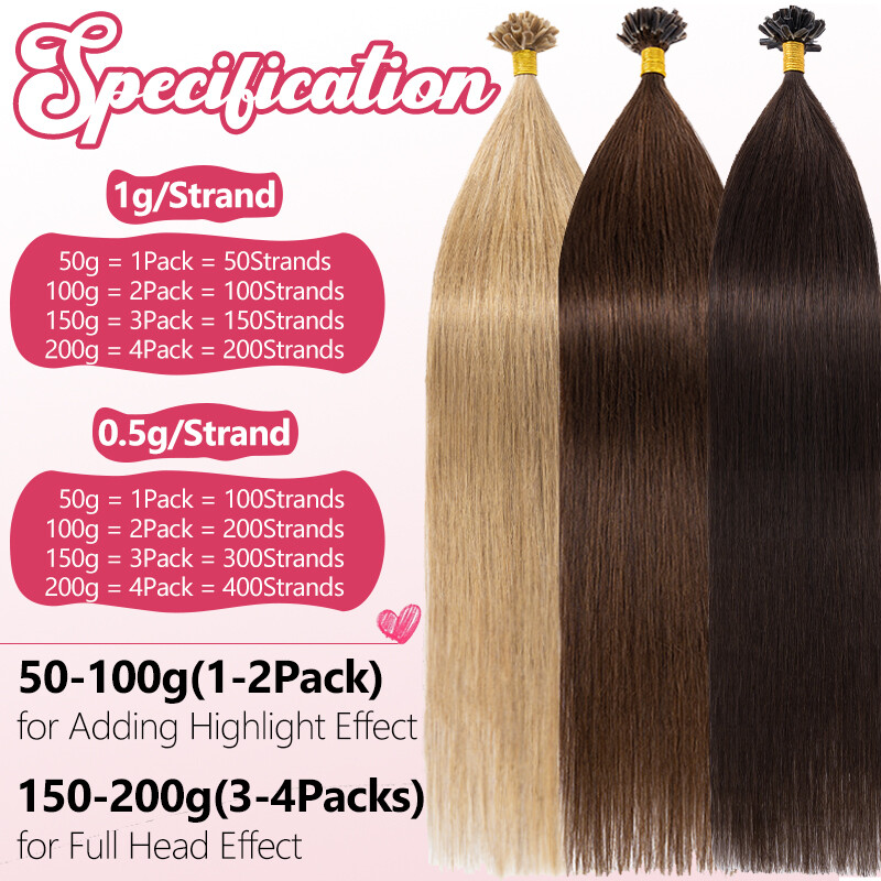 Nail U Tip 100% Real Remy Human Hair Extensions Pre Bonded Thick 1g/strand Hair