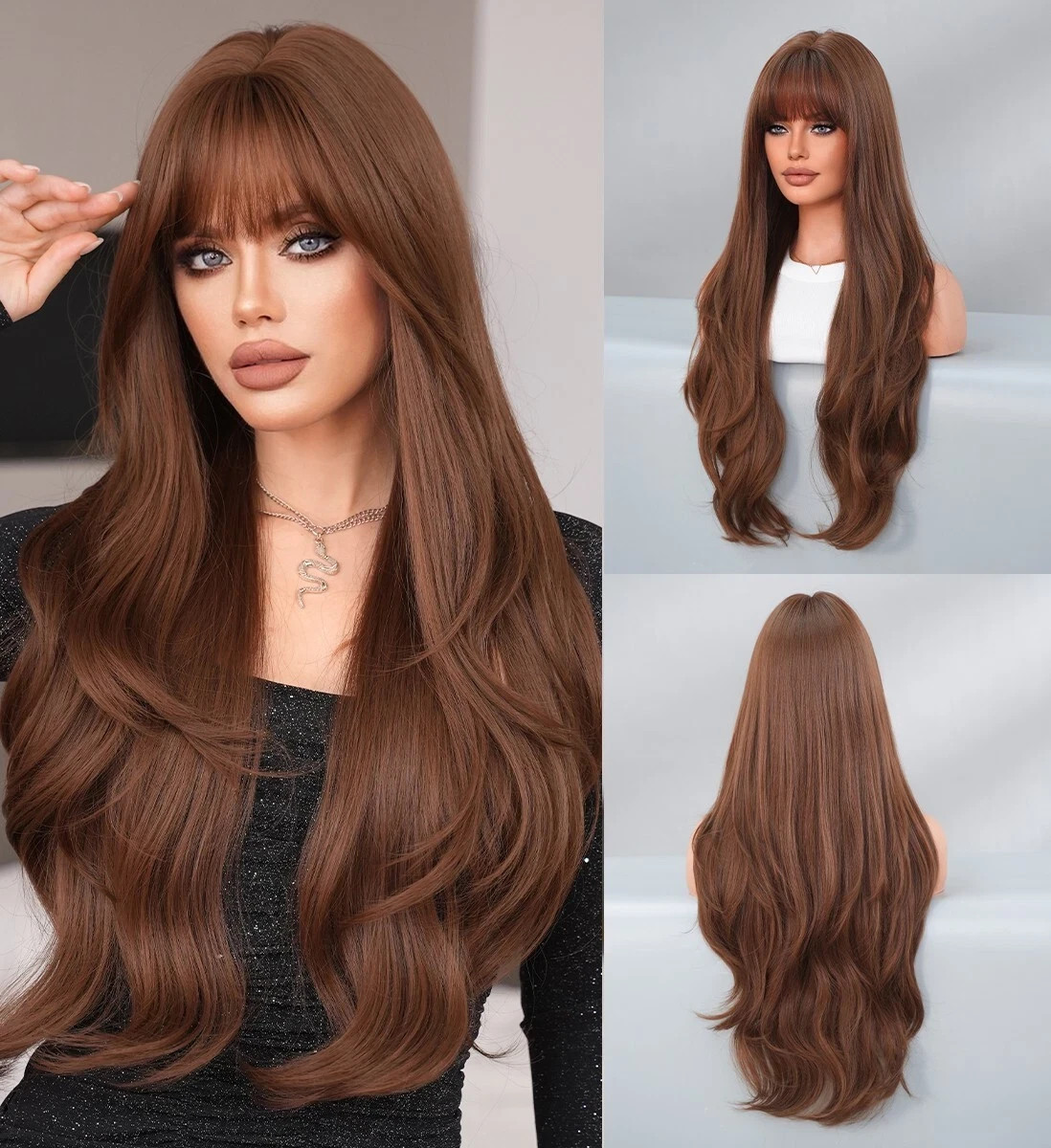 Long Wavy Soft Auburn Costume Wigs With Bangs Heat Resistant Hair Party Daily Wi