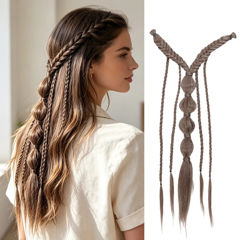 Women Elf Style Braided Half Head Hair Extensions Synthetic Fiber with BB Clips