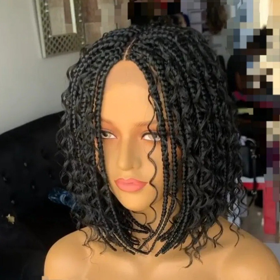 New Goddess Boho Braided Wigs for Black Women Bob Box Braids Wig with Curly Ends