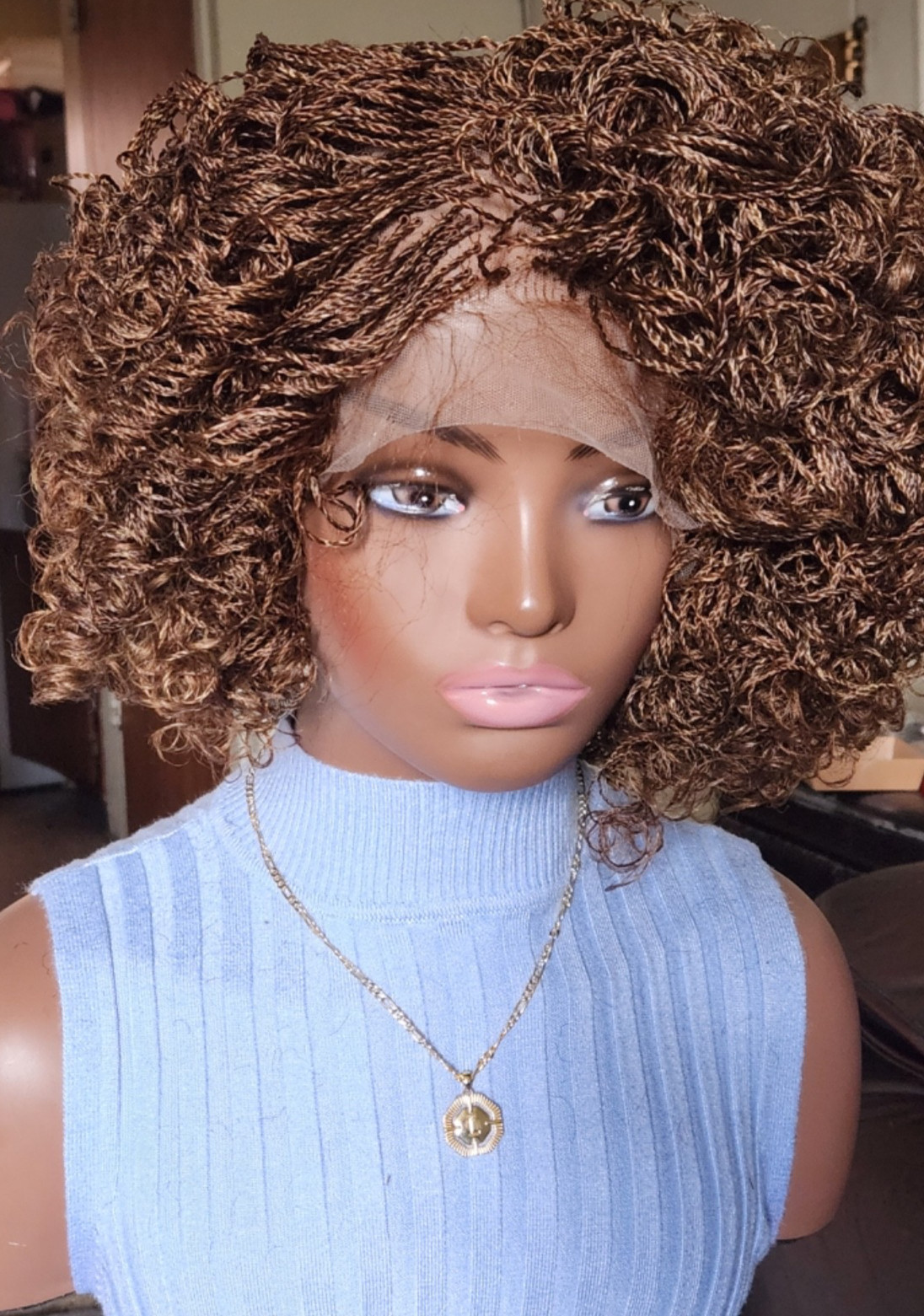 Handmade braided Senegalese twist curly wig Brown