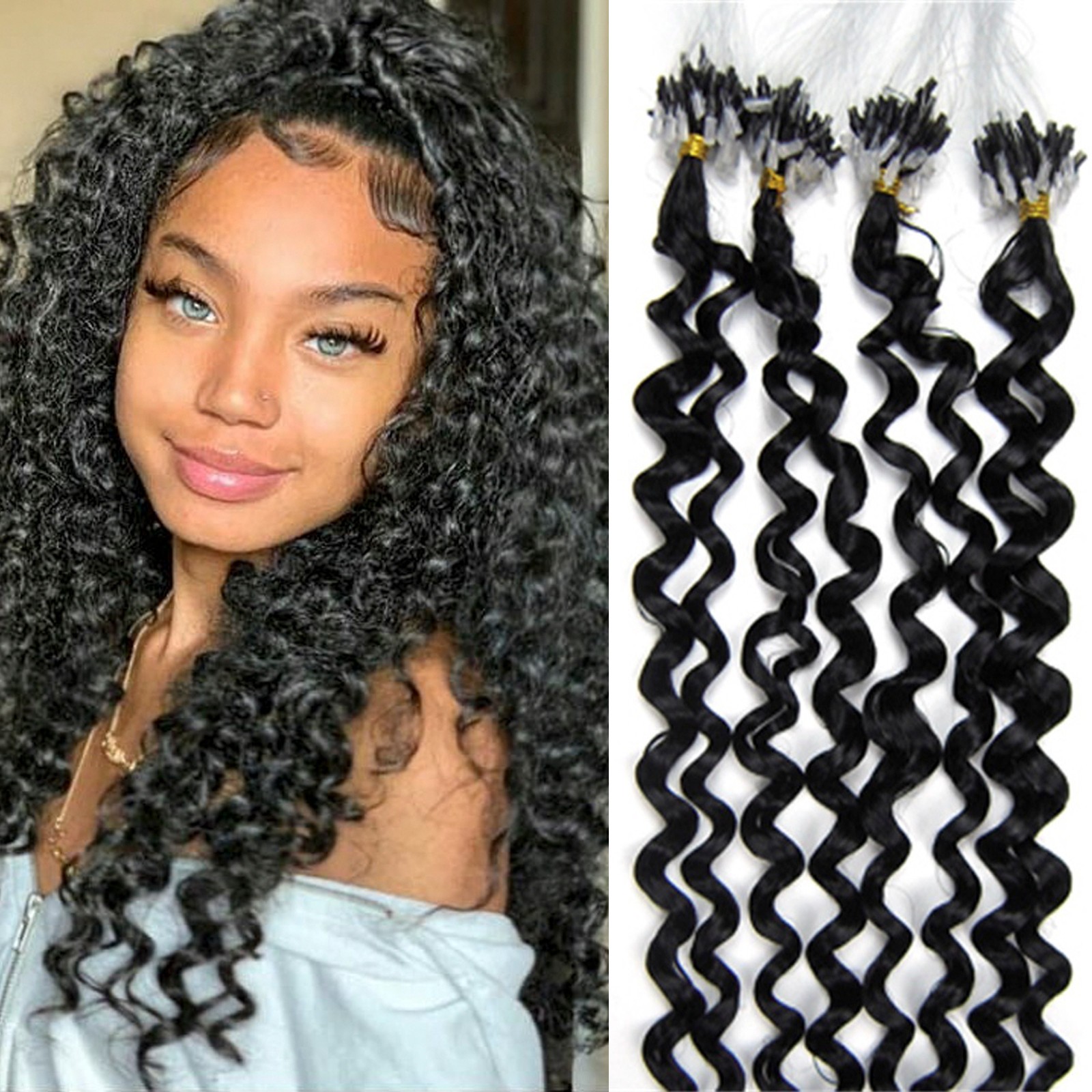Micro Beads Loop Ring Link Real Human Hair Extensions Water Curly 20inch 100S50g