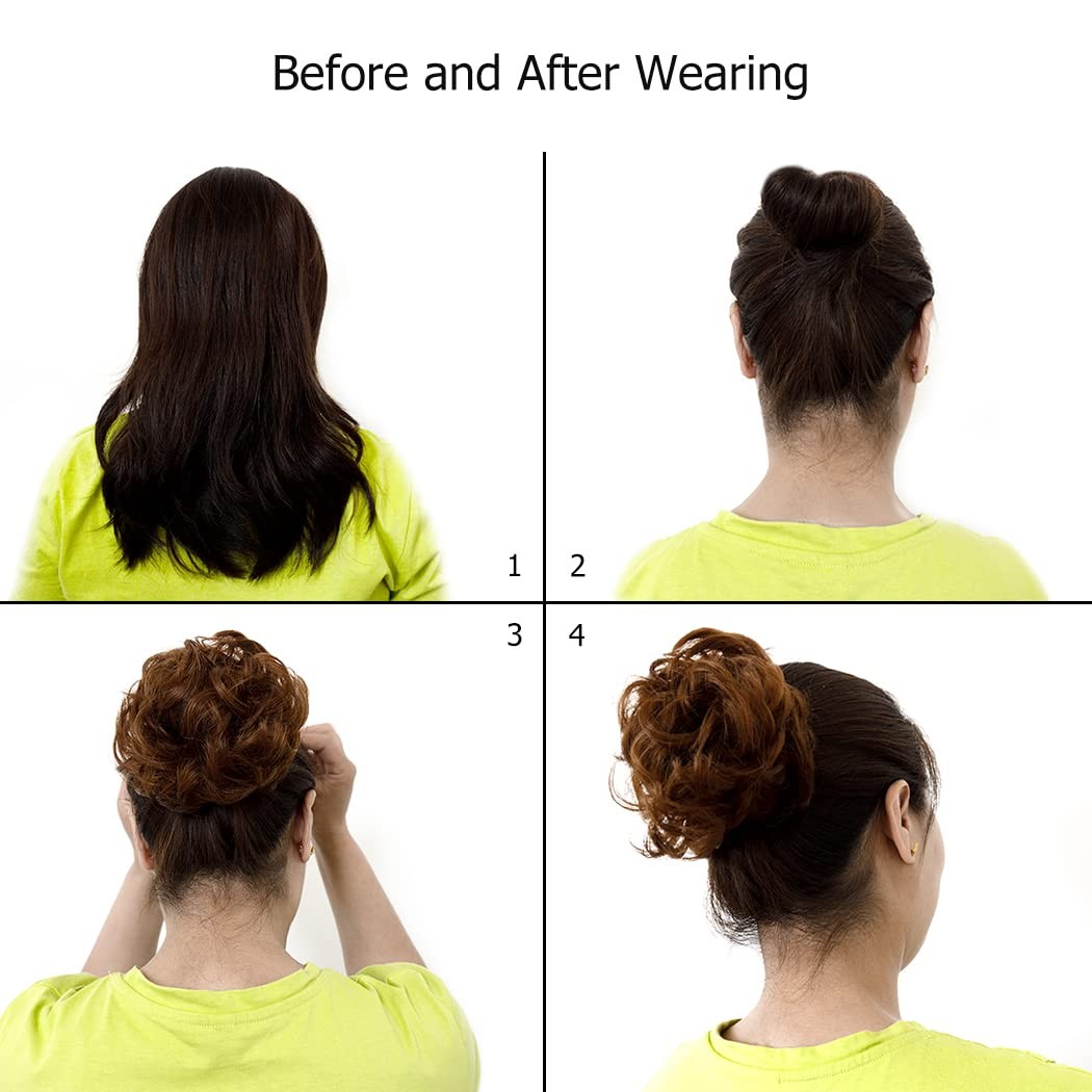 QTHQTFL 2pcs Messy Bun Hair Piece 2/30# (Dark Brown & Light Auburn Mixed)