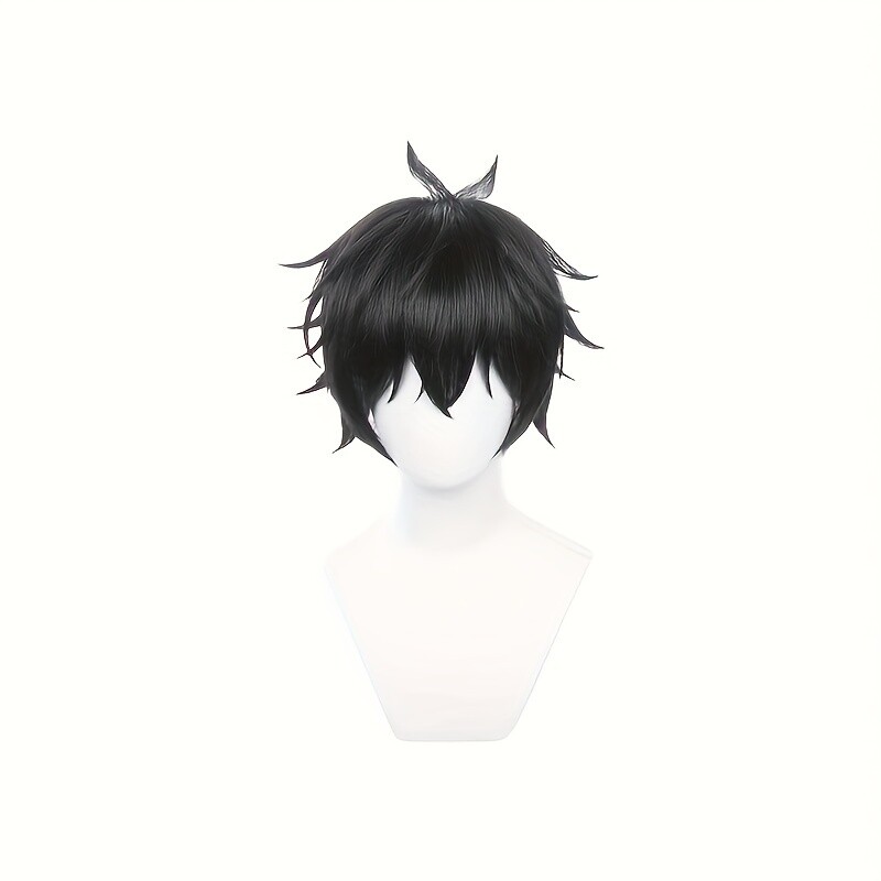 Anime Short Fluffy Black Wig With Bangs Men Casual Party Supplies Halloween