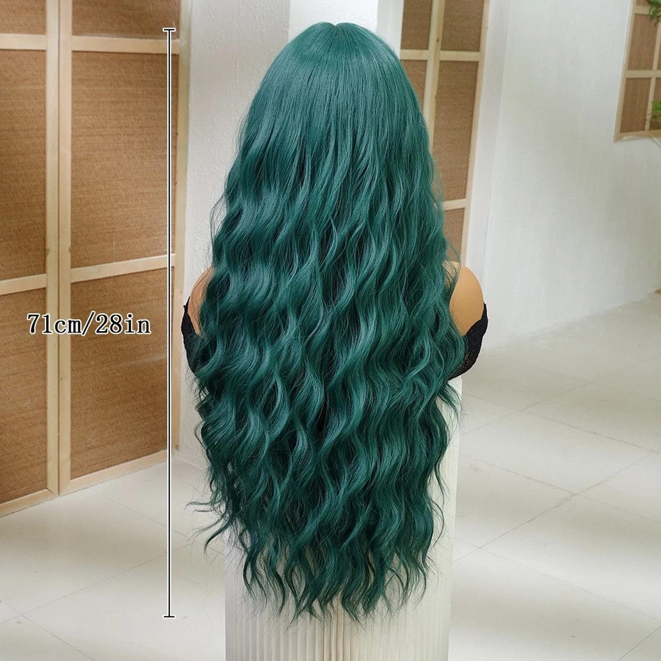 Emerald Green Long Wavy Wig w/Bangs Gothic Punk Cosplay Daily Fashion Statement
