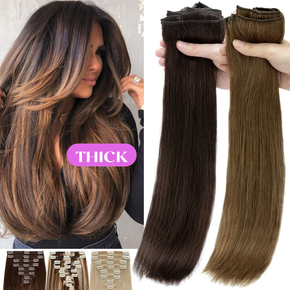 Clip in Hair Extensions Thick Double Weft Remy Human Hair Extensions FULL HEAD H