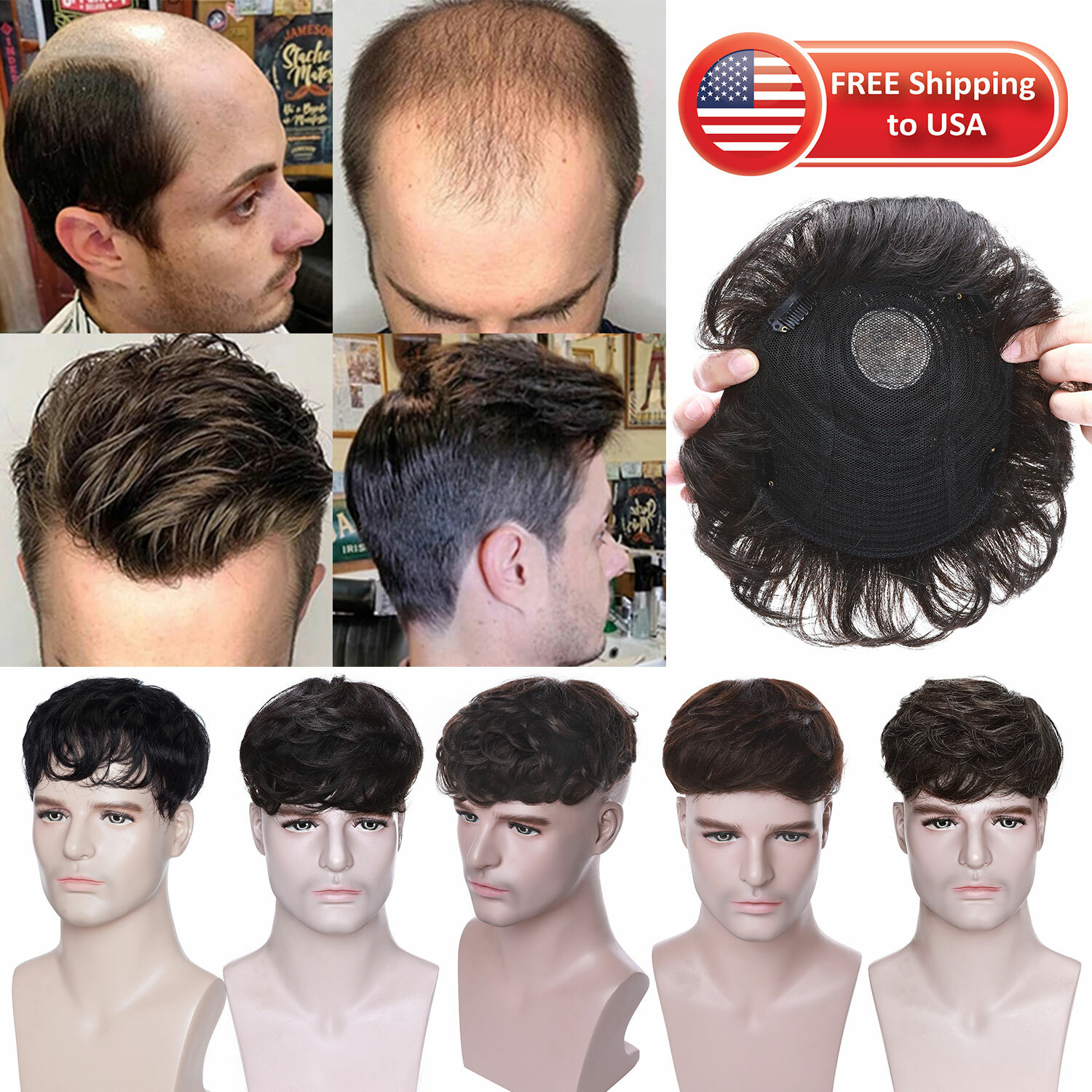 Mono PU Thin Skin Toupee Remy 100% Human Hair Hairpiece Wig Replacement System H
