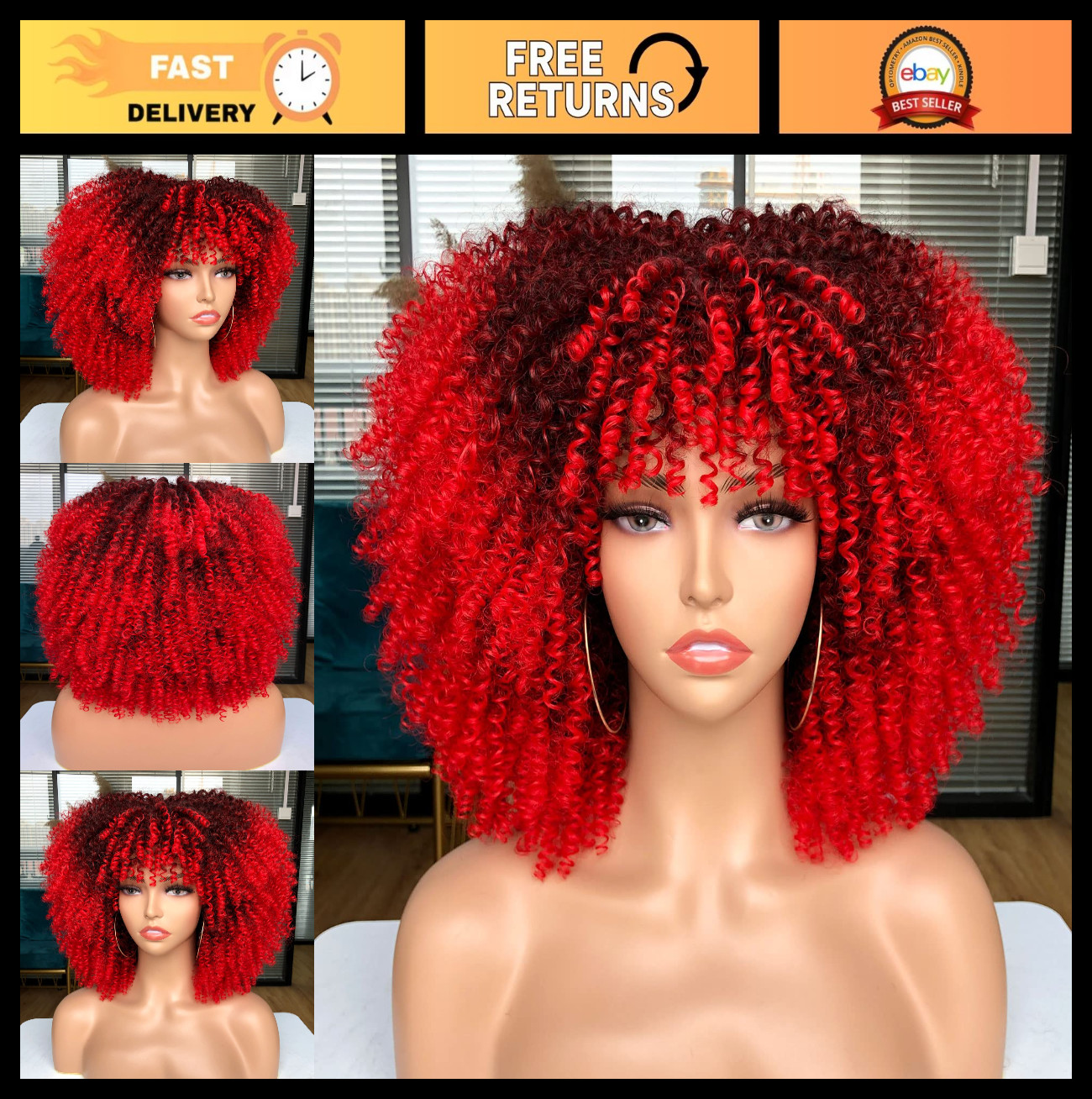 Short Kinky Curly Afro Wig with Bangs | 14in Ombre Red Synthetic Wig for Women
