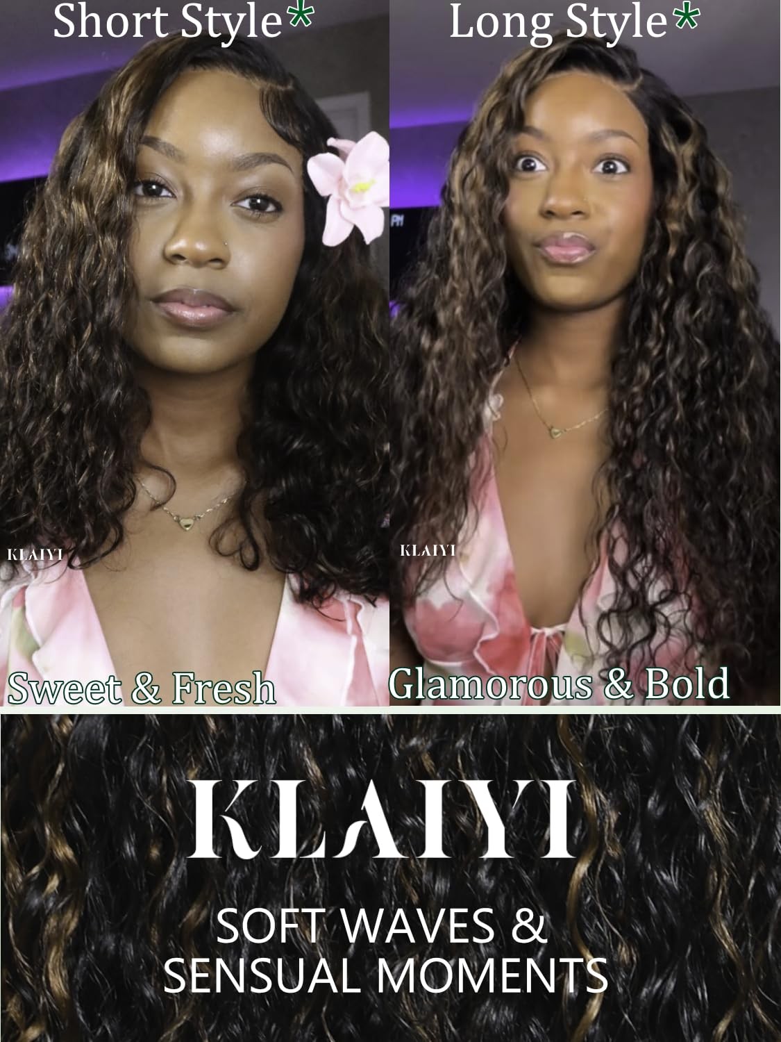 Klaiyi Golden Brown Water Wave Bye Bye Knots Glueless Wig Human Hair Highlight