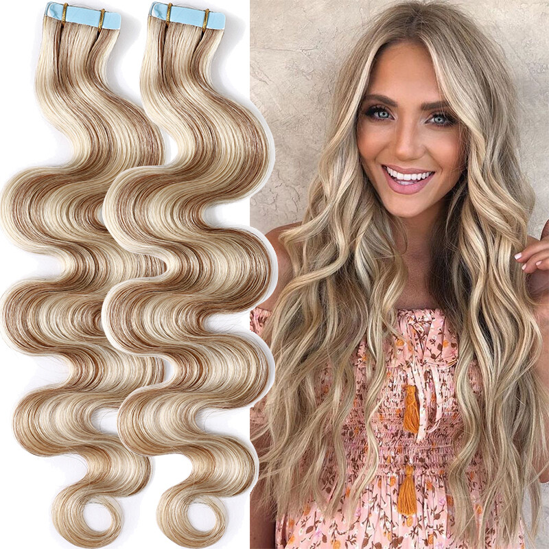 Tape In 100% Remy Human Hair Extensions Invisible Skin Weft Body Wave & Straight
