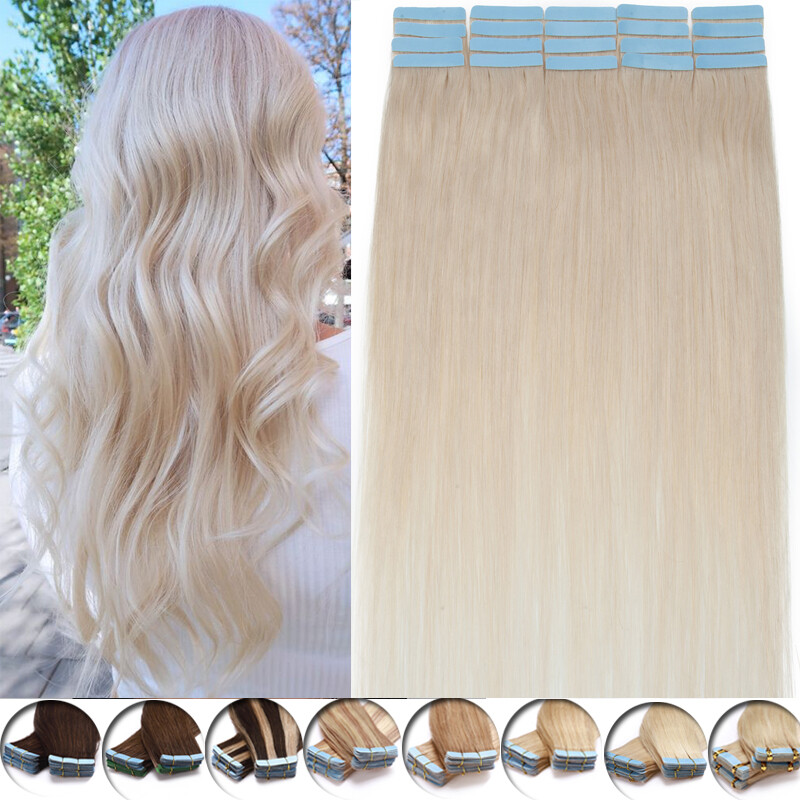 40PCS Tape In Remy Human Hair Extensions Real Full Head Invisible 18″ 20″ 100G+