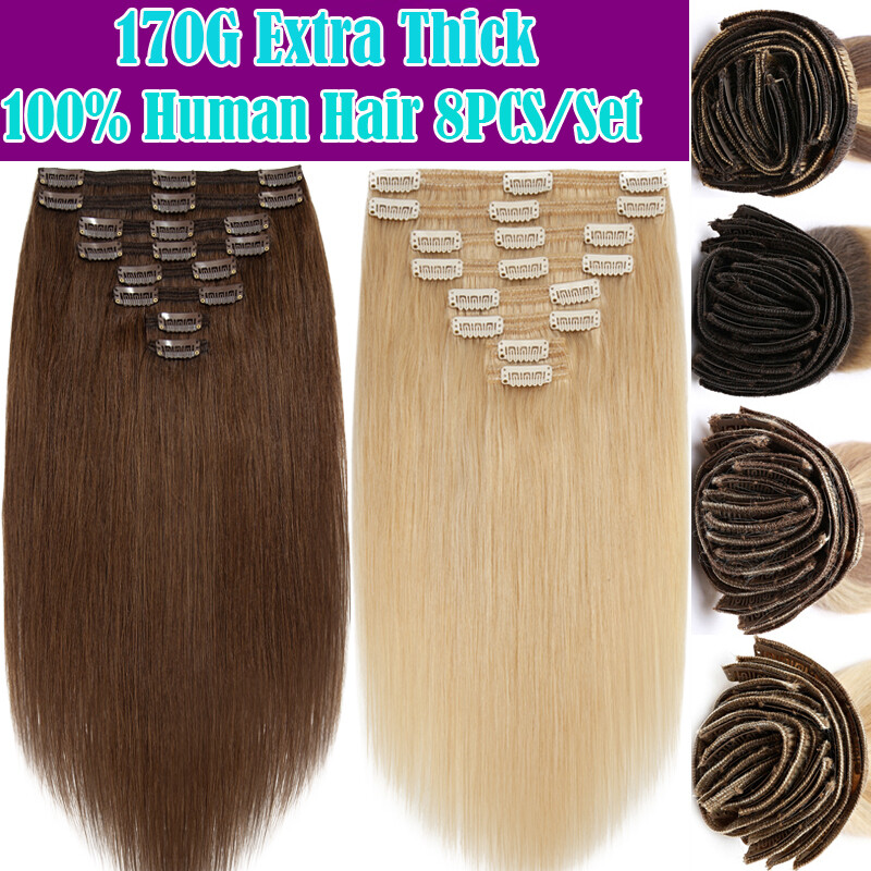 170G REAL THICK Double Weft Clip In Human Hair Extensions Clip On Hair Full Head