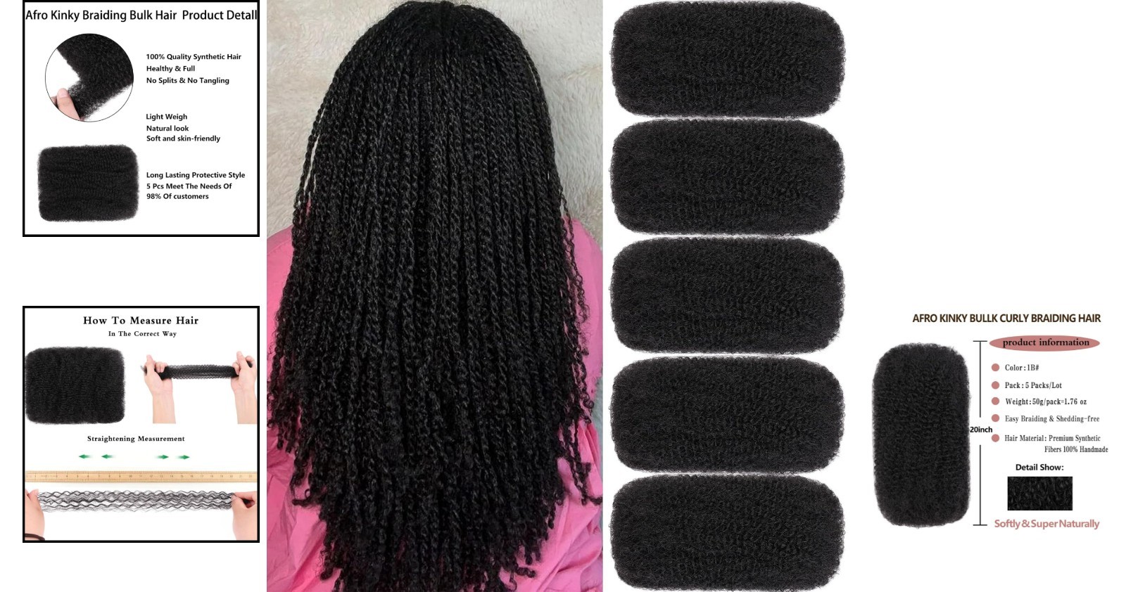Hypoallergenic 20 Inch Afro Kinky Curly Bulk Hair – 5 Bundles Perfect for Styles