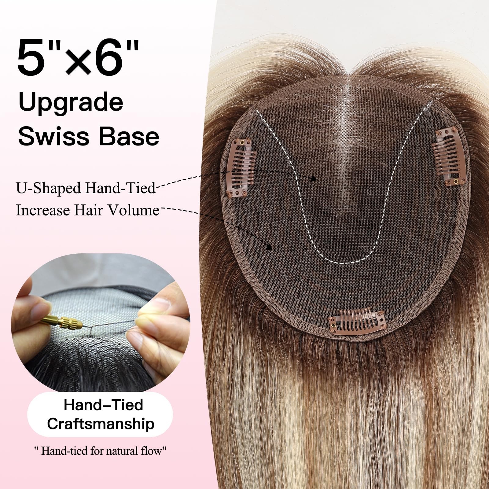 14″ Human Hair Topper for Women – Swiss Lace Base, 3 Non-Slip Clips, Natural Loo