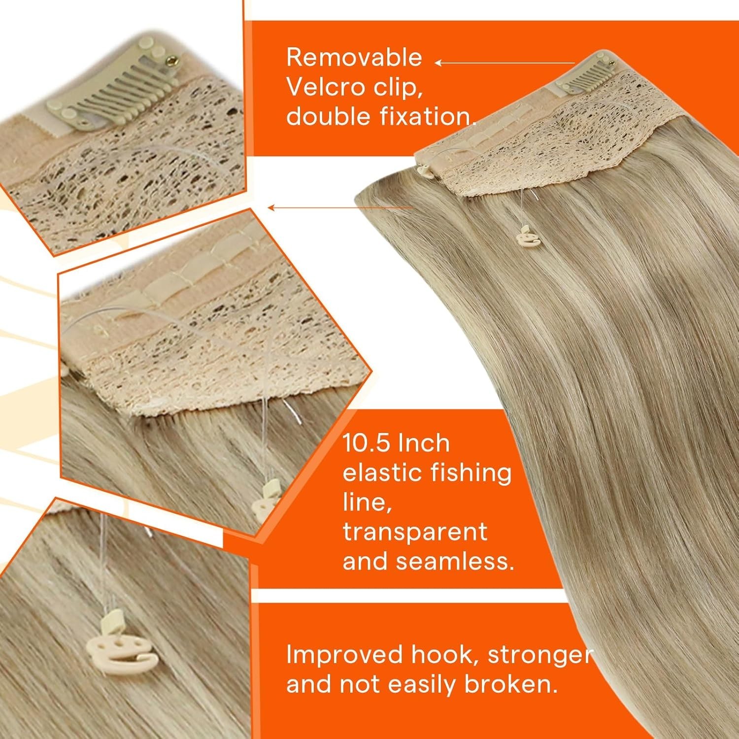 Reusable Halo Hair Extensions – 18 Inch Golden Blonde with Medium Highlights