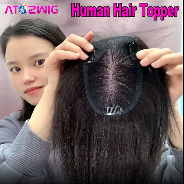 Women PU Base Silk Closure Human Hair Topper Toupee Straight Natural Remy Hair
