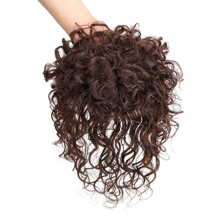 Women Short Curly Topper Toupee Human Hair Lace Front Hairpiece & Extended Tail