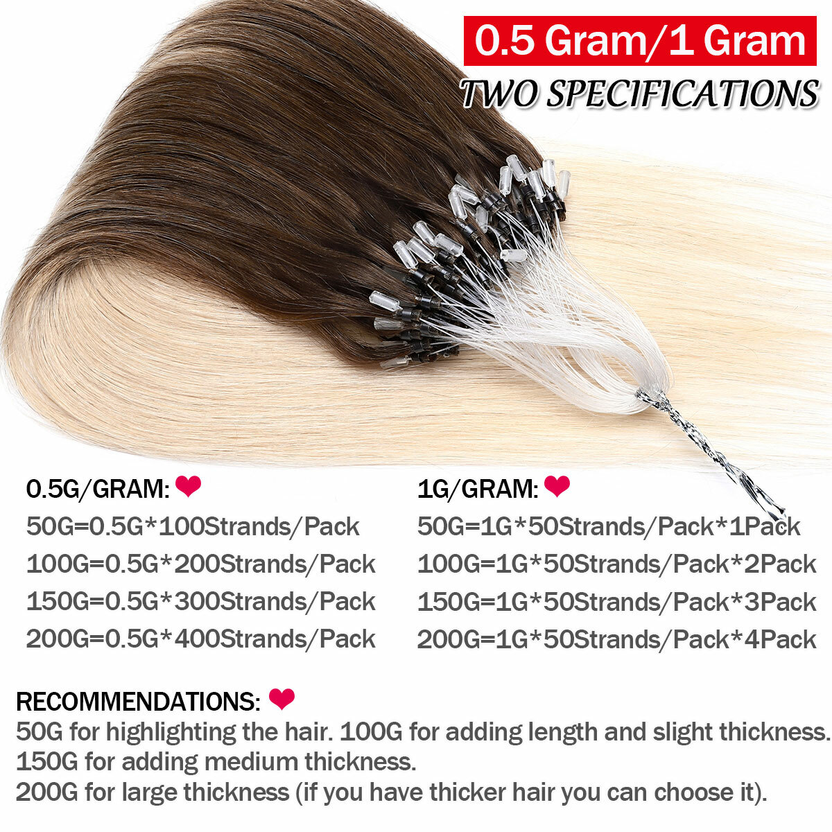 CLEARANCE Micro Loop Ring Beads Remy Human Hair Extensions Nano Tips 200G THICK