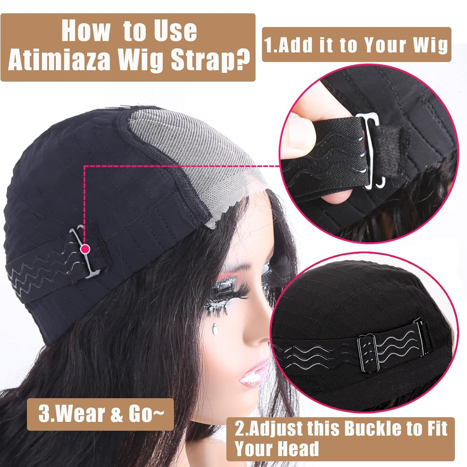 2Pcs Adjustable Elastic Wig Band with Non-Slip Silicone Strips & Removable Buckl