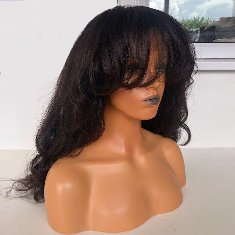 Yaki Wavy Full Machine Made O Scalp Top Human Hair Wig With Bangs Brazilian Remy