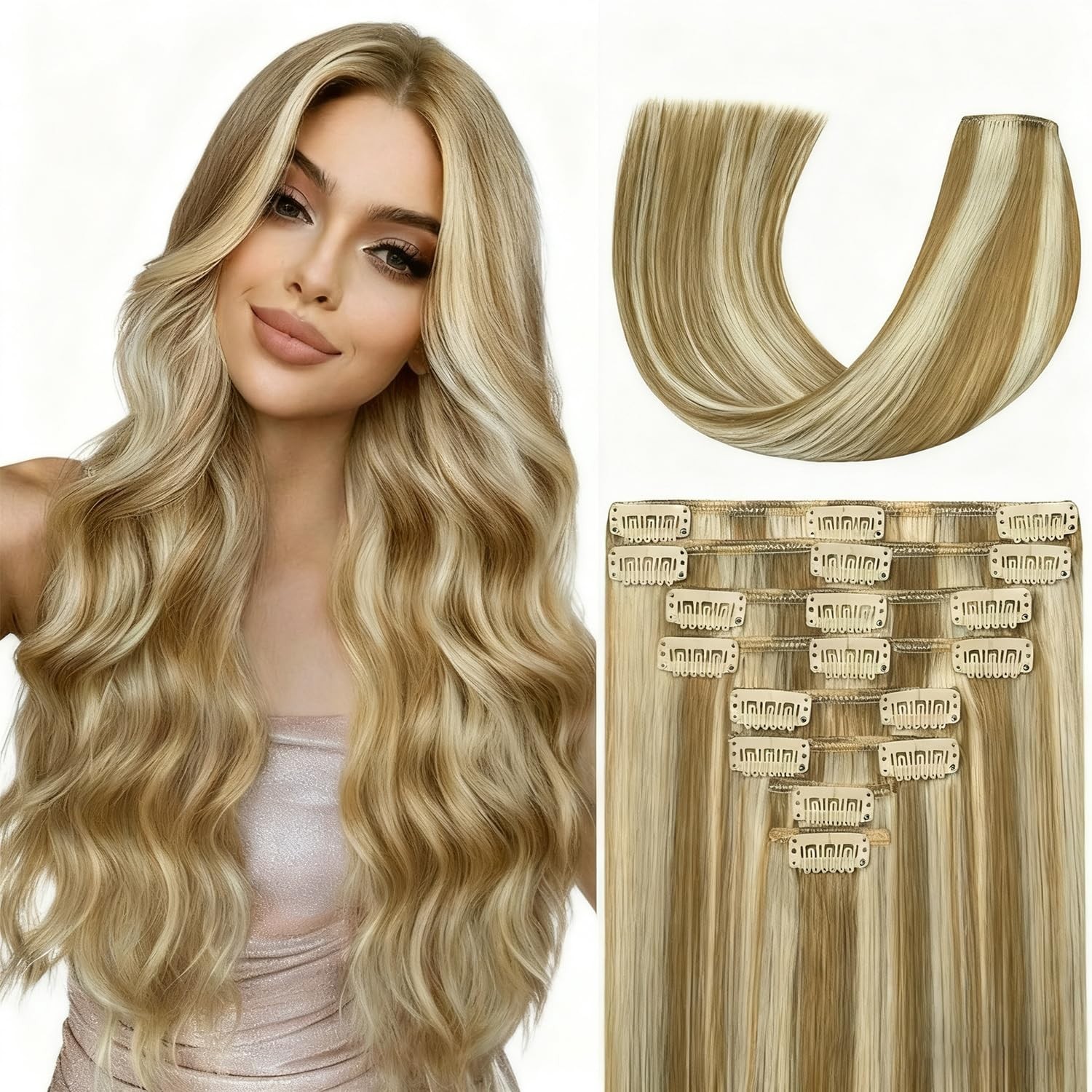 26″ Clip-In Real Human Hair Extensions – 130g Remy Hair, 8pcs Set, Light Blonde