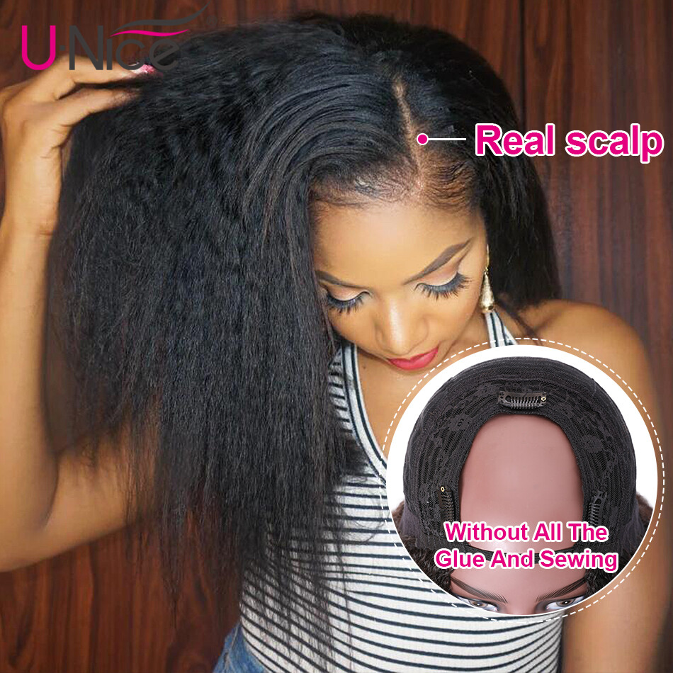 UNice Mongolian Kinky Yaki Straight U Part Human Hair Wig Glueless Wear Go Wigs