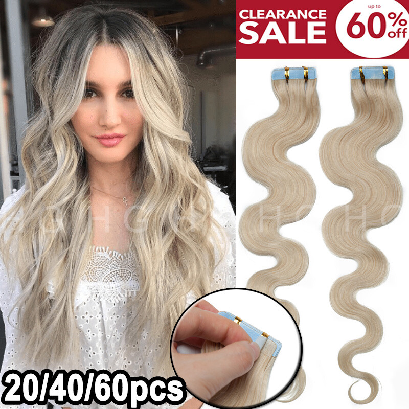 New 100% Russian Remy Tape In Human Hair Extensions 20/40/60pcs Curly Thick HG01