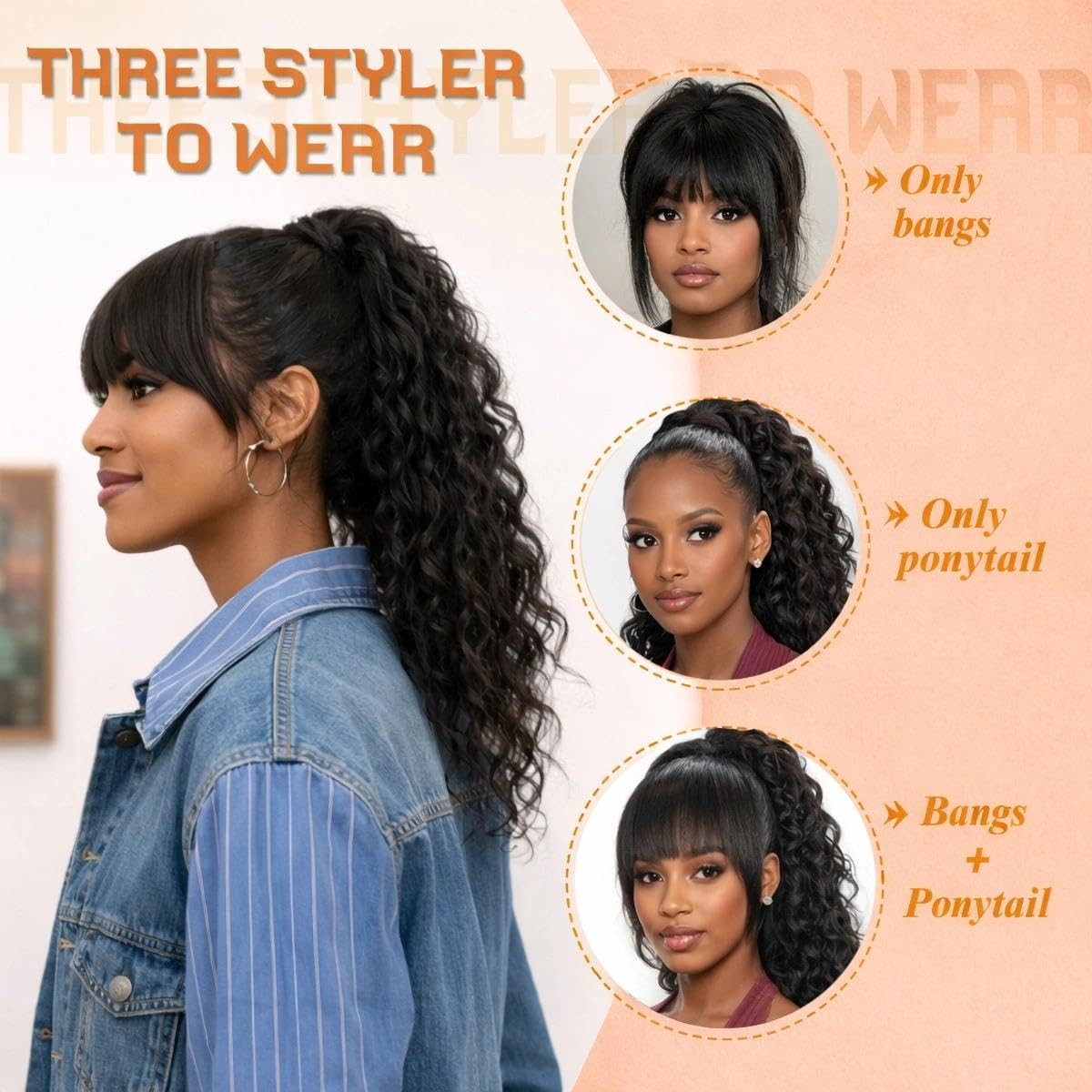 Ponytail Extension with Bangs 20 Inch Yaki Curly Drawstring – Versatile