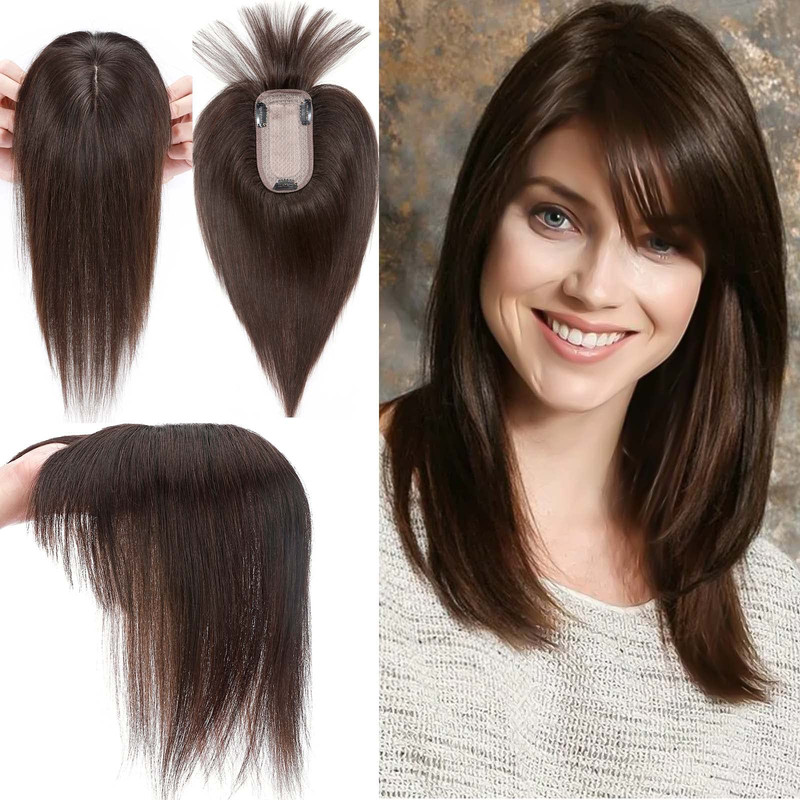 My-Lady 150 Density Human Hair Toppers Bangs For Women 10 Inch Dark Brown Silk